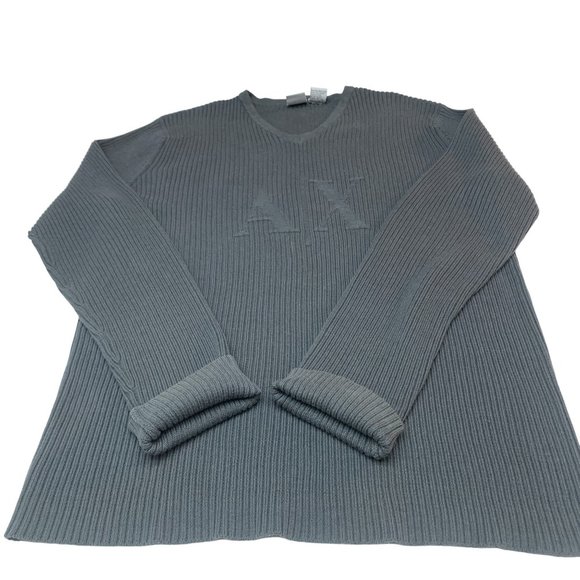 ARMANI EXCHANGE‎ Midnight Blue Ribbed Knit Logo V Neck Long Sleeve Sweater - Picture 9 of 11